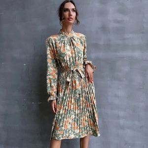Never worn- floral pleated midi tea length dress - small